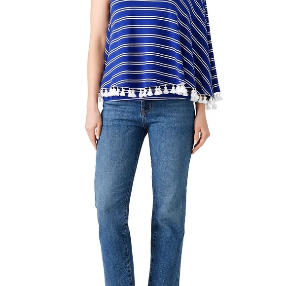 💛 EUC - Trina Turk Pomona Top Women size XL - One shoulder Tassels Blue White - Picture 6 of 10